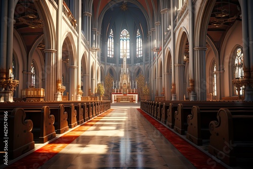 Foto Inside the Gothic Cathedral: Captivating Interior of a Catholic Church with Stun