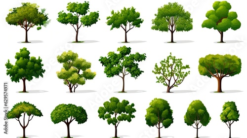 Isolated Trees Set - A Collection of Green Trees with Different Types and Tree Branches on White Background  Perfect for Wood and Canopy Concepts  Generative AI