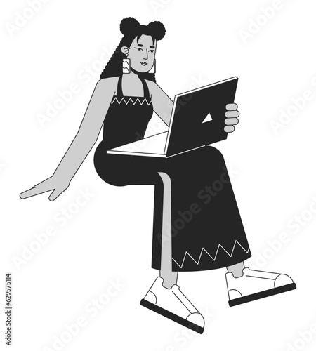 Attractive latina girl holding device flat line black white vector character. Editable outline full body girl sitting and working. Simple cartoon isolated spot illustration for web graphic design