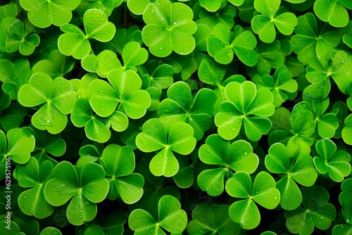 St. Patrick's Day Concept: Natural Green Shamrocks Foliage Photo with Shallow Depth of Field. Generative AI