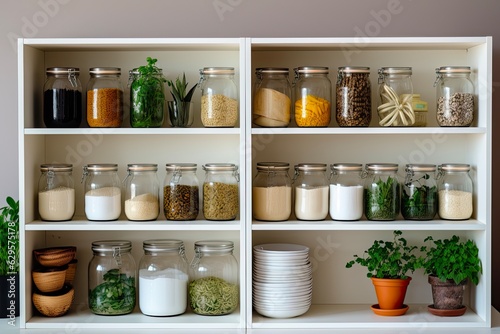 Zero Waste Kitchen Ideas: Eco-Friendly Open Shelves with White Jars, Cookbook, and Tableware for a Sustainable and Stylish Pantry Background: Generative AI