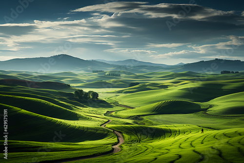 A field with green grass and rolling hills. AI generative © SANGHYUN