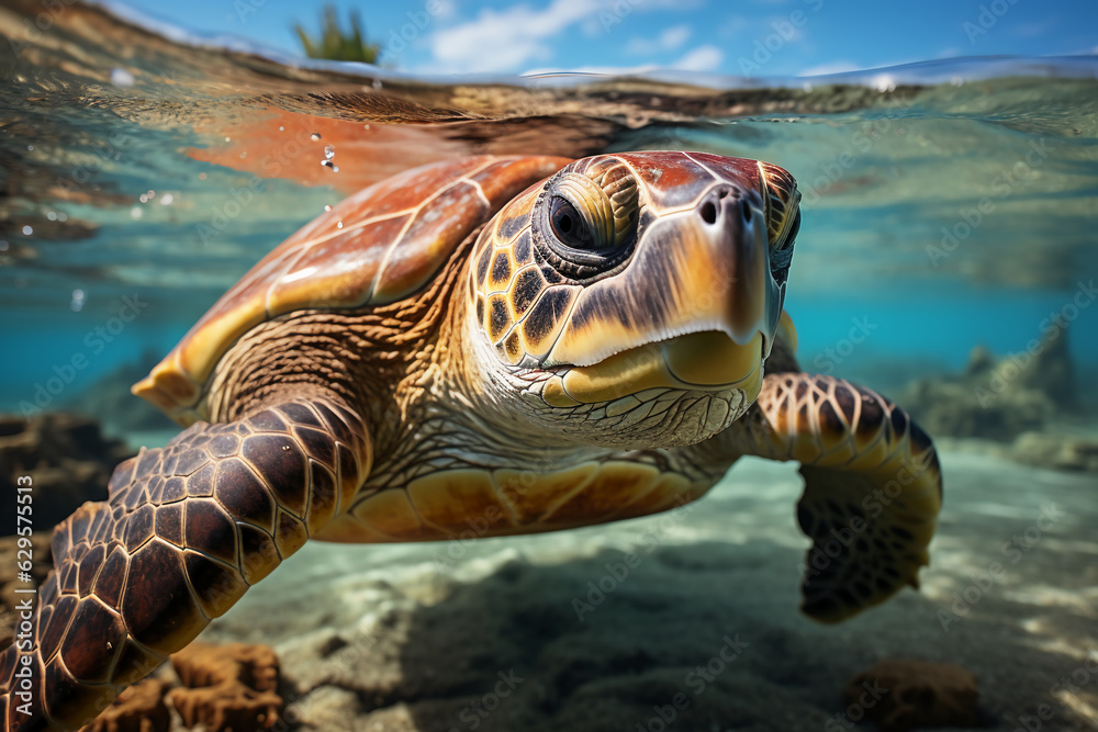 Fototapeta premium A sea turtle roams leisurely in the vast ocean. AI generative