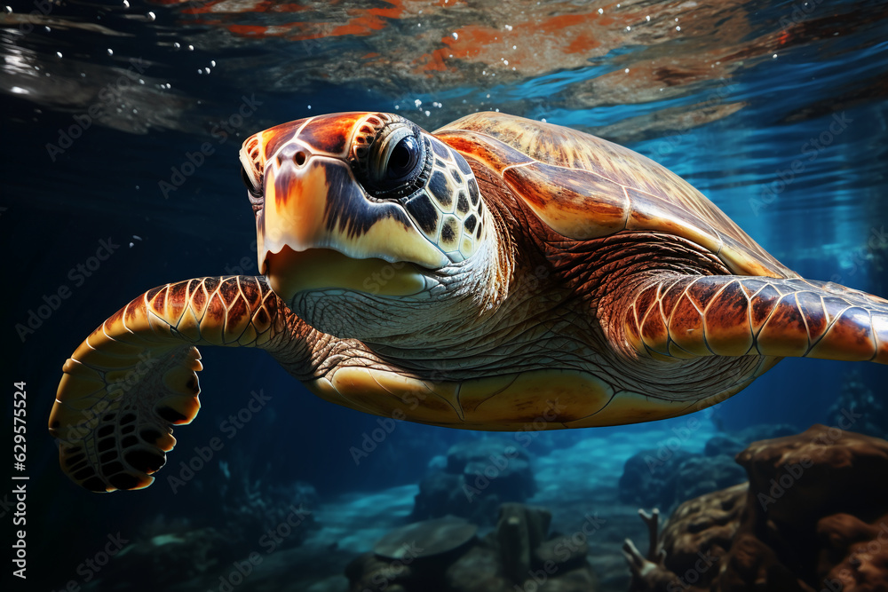 Obraz premium A sea turtle roams leisurely in the vast ocean. AI generative