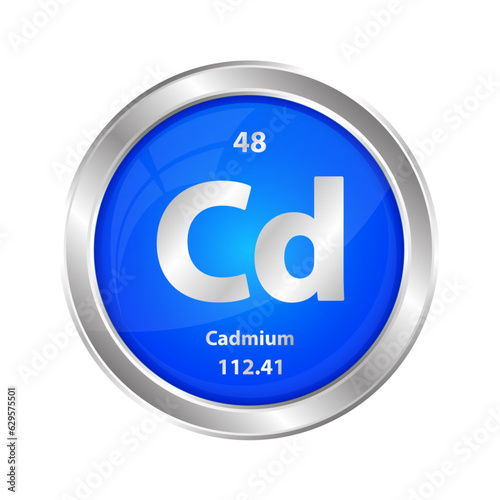 Icon structure Cadmium (Cd) chemical element round shape circle blue. Chemical element of the periodic table. Sign with atomic number. Study in science for education. 3D vector illustration.