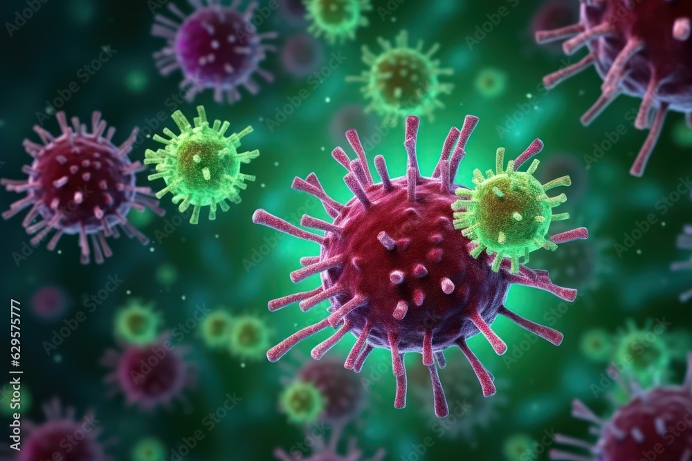 Unveiling virus macros: close-up flu pandemic scenes under a microscope's lens. Unveiling virus macros: close-up flu pandemic scenes under a microscope's lens.