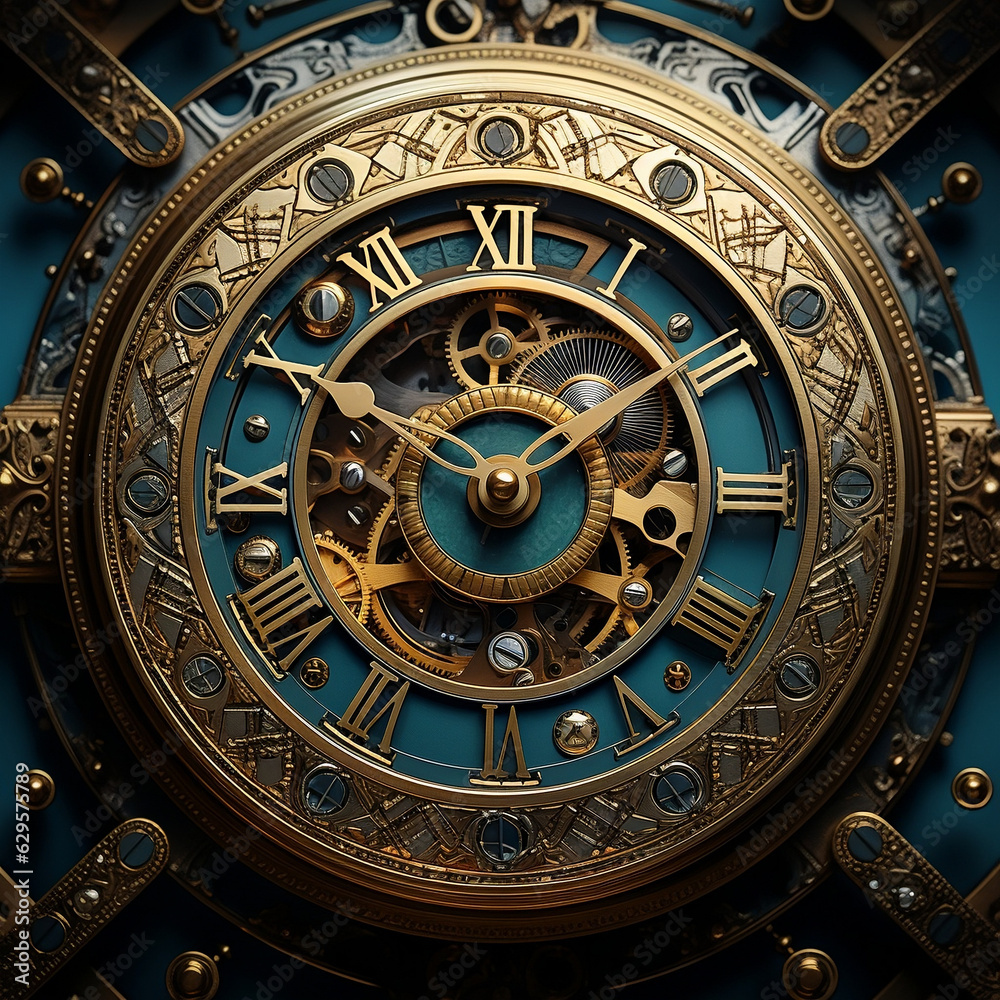 A mesmerizing journey through time, Enchanting steampunk-inspired antique clock face on ornate clock background