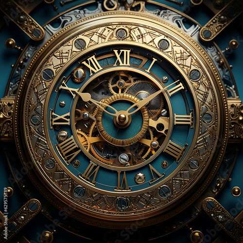 A mesmerizing journey through time, Enchanting steampunk-inspired antique clock face on ornate clock background