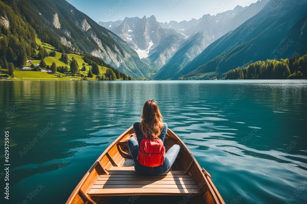 A woman sitting in a boat on a lake