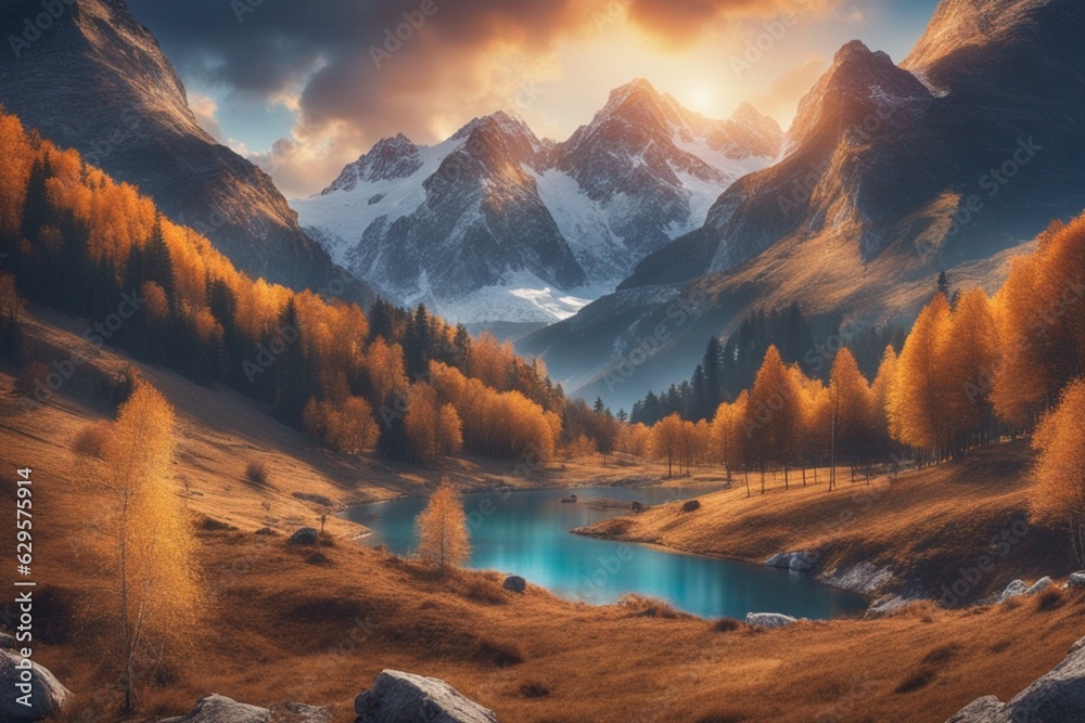 Fototapeta premium Mountain range with a lake in the foreground