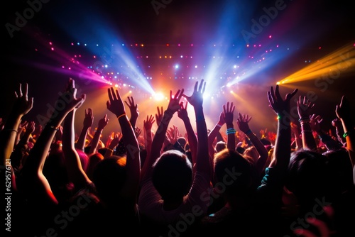 Euphoric concert crowd dances beneath dazzling stage lights at music festival. Silhouette sensation.
