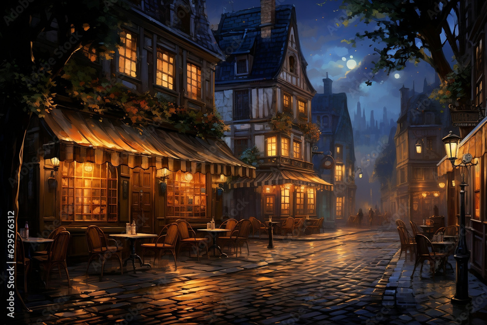 Fototapeta premium European Charm: Nighttime Ambiance at a Cobblestone Street Restaurant