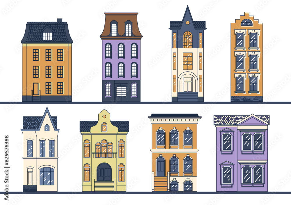 Dutch Houses. Cute Residential buildings. Vector.