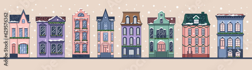 Christmas houses. Winter Dutch buildings. Cute New Year greeting card. Vector.