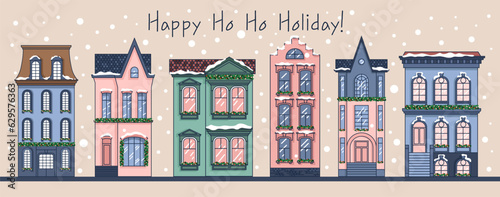 Christmas houses. Winter Dutch buildings. Cute New Year greeting card. Vector.