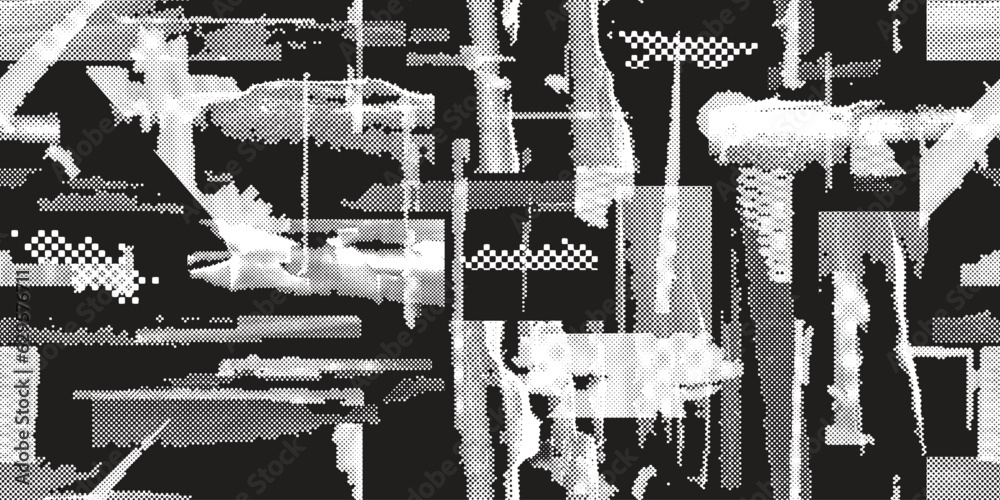Obraz premium Glitch distorted grungy abstract forms . Halftone dots seamless pattern texture. Grange shapes .Grunge textured . Vector shapes with half tone dots .Screen print endless pattern texture