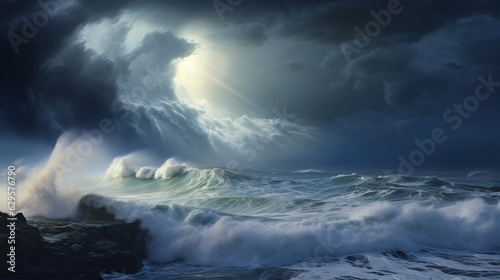 fierce collision of ocean waves and storm clouds on a rugged coastline.