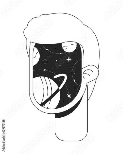 Surrealism man with cosmic face flat monochrome isolated conceptual clipart. Surreal consciousness. Editable black and white line vector object. Simple outline spot illustration for web graphic design
