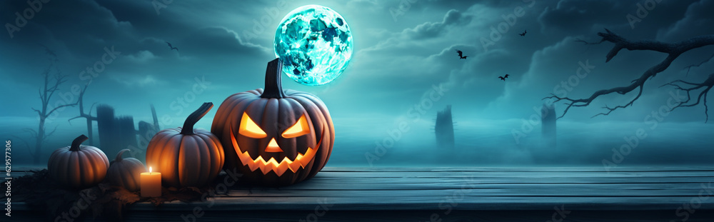 Fototapeta premium Spooky halloween pumpkin, Jack O Lantern, with an evil face and eyes on a wooden table with a misty night background with empty copy space. Generative AI