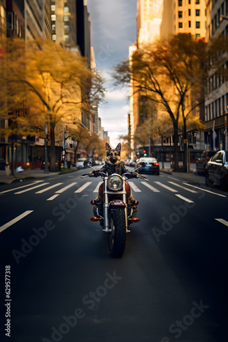 A German Shepherd dog riding a motorcycle on a New York City street