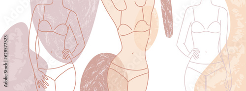 Abstract woman body, standing portrait of girl. Set of body-positive female. Vector fashion silhouette outline line illustration
