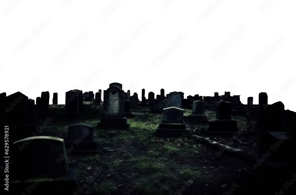 graveyard at night. Spooky cemetery. Old tombstones. Isolated transparent PNG file.