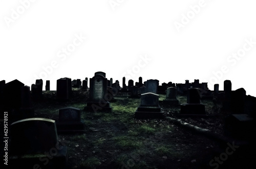 graveyard at night. Spooky cemetery. Old tombstones. Isolated transparent PNG file.