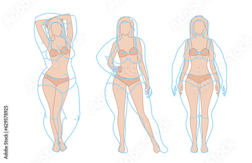Woman body weight loss before and after diet. Emaciation Transformation Concept. Overweight obese female silhouette. health shape. Five angles figure front, 3 of 4, side views. Vector illustration
