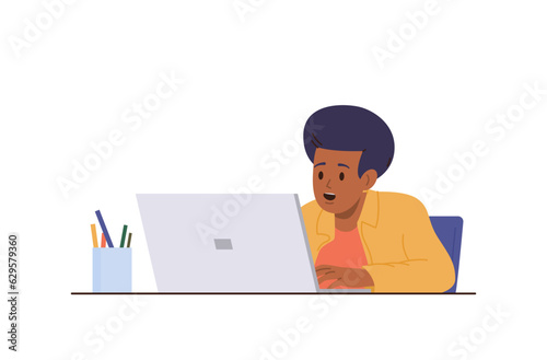 Excited happy schoolboy character studying online using laptop computer enjoying homeschooling