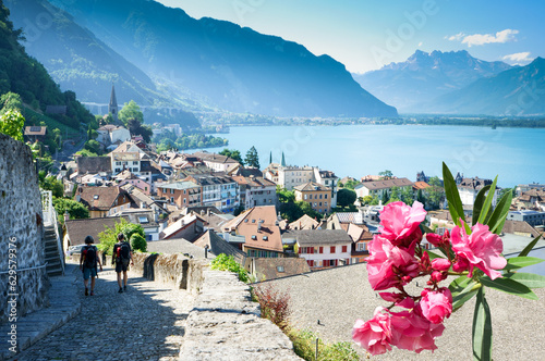 Canvas Print View of the old town in Montreux, Switzerland