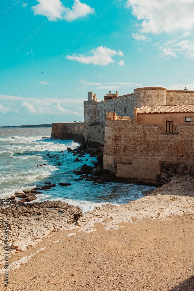 High-angle view of the Castello Maniace, a historic castle in Syracuse, Sicily, Italy
