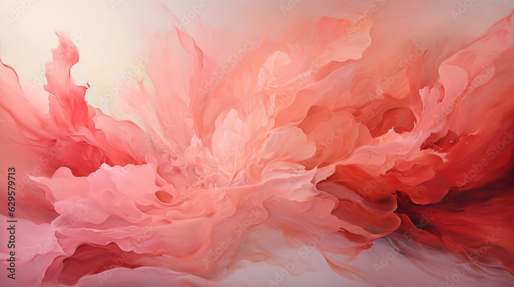 Abstract oil painting with large brush strokes in white, pink, red, and beige pastel colors. Wallpaper, background, texture.