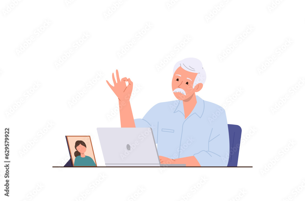 Happy senior man cartoon character using laptop computer for online communication with relatives Happy senior man cartoon character using laptop computer for online communication with relatives