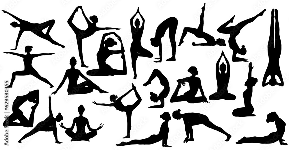 set of woman silhouettes doing yoga pose.