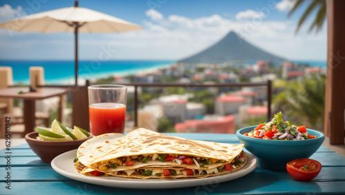 A visually stunning photograph of a Quesadilla placed on a table with view of a town, serene ocean, and majestic mountains in Cancun.