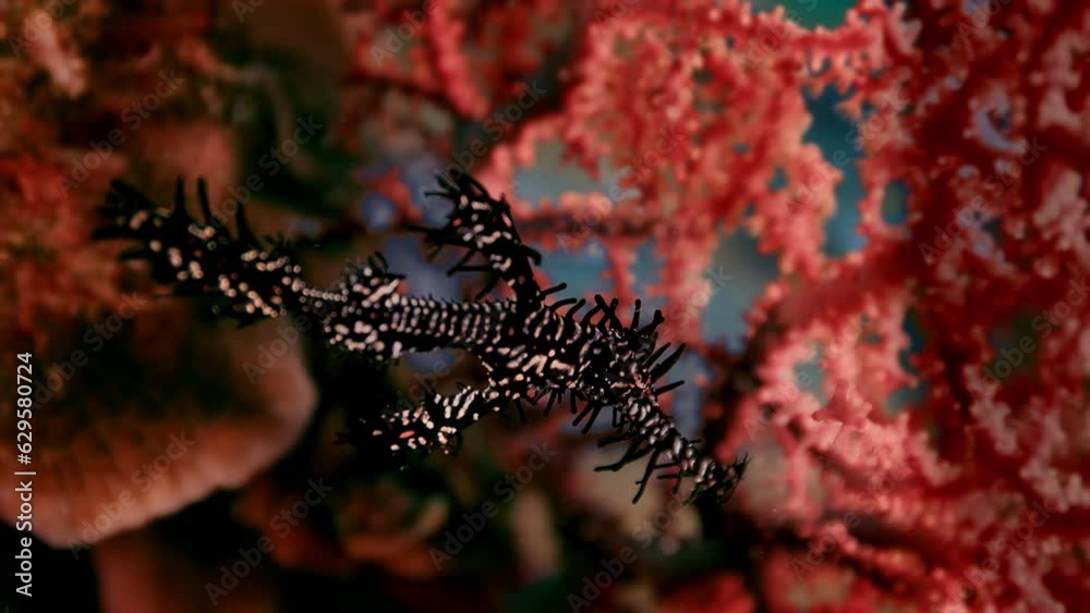 The ornate ghost pipefish or harlequin ghost pipefish, Solenostomus paradoxus, is hiding in a feather star Crinoids, Raja Ampat, Indonesia The ornate ghost pipefish or harlequin ghost pipefish, Solenostomus paradoxus, is hiding in a feather star Crinoids, Raja Ampat, Indonesia
