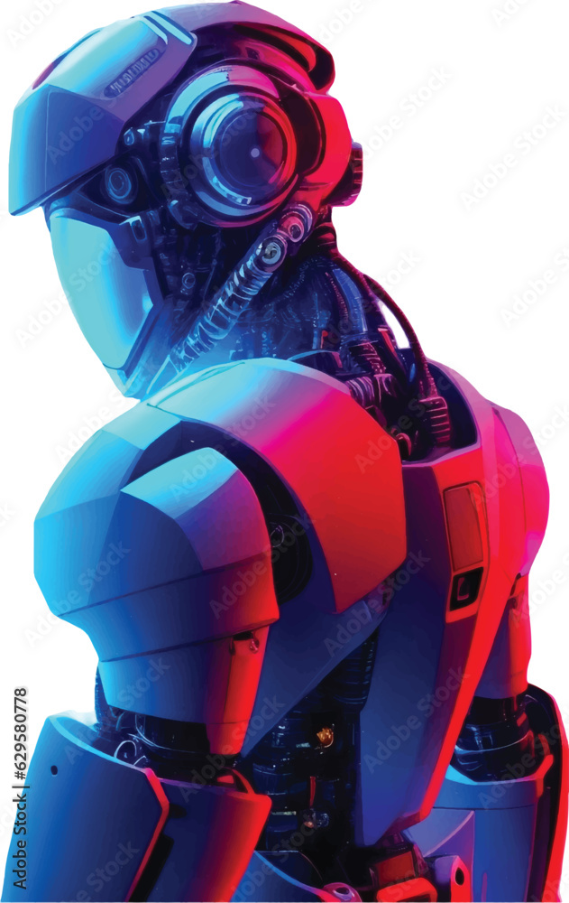 Robotics and AI. Dark blue and red color, Robot body create by iron
