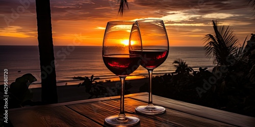 Beach holiday. Sunset landscape background with wine glass on wooden table by sea