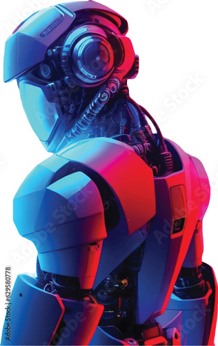 Robotics and AI. Dark blue  and red color, Robot body create by iron.. Machine Learning Artificial intelligence,. Humanoid head
