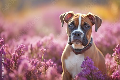 Boxer dog sitting in purple heather flower field.