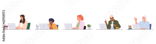 Isolated set of different age people cartoon character working or studying using laptop computer