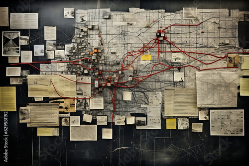 investigation paper cuting pasted on bord like a spy annalisis on wall or bord detective annalisis 