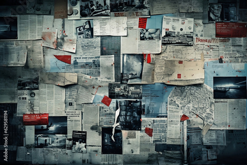 investigation paper cuting pasted on bord like a spy annalisis on wall or bord detective annalisis 