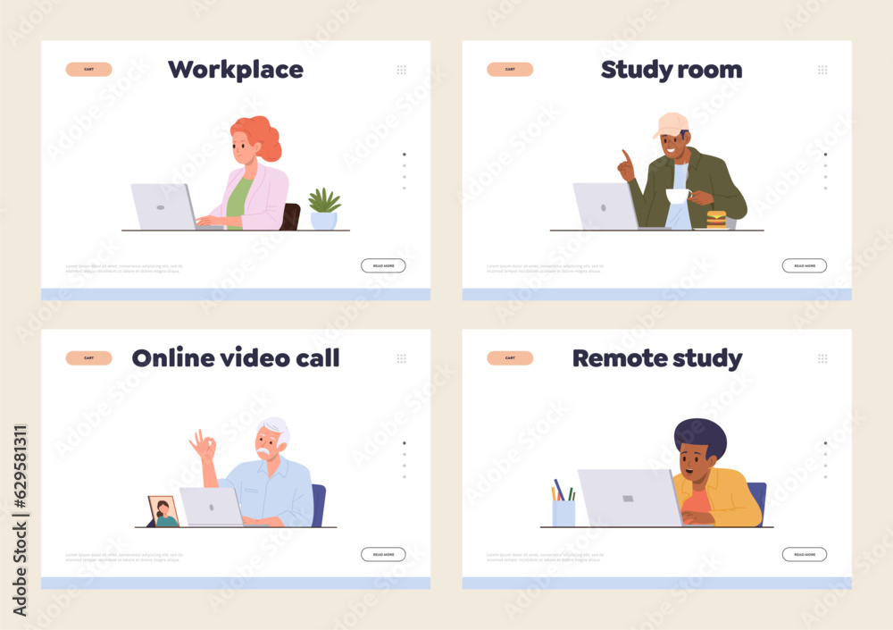 Isolated set of landing page template advertising online education, elearning and video chat app