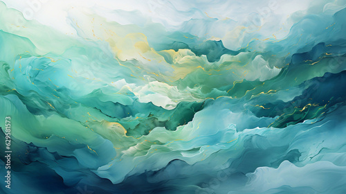Abstract oil painting with large brush strokes in green, mint, turquoise, blue, white, and yellow pastel colors. Wallpaper, background, texture.