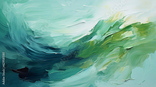 Abstract oil painting with large brush strokes in green, mint, turquoise, white, and blue pastel colors. Wallpaper, background, texture.