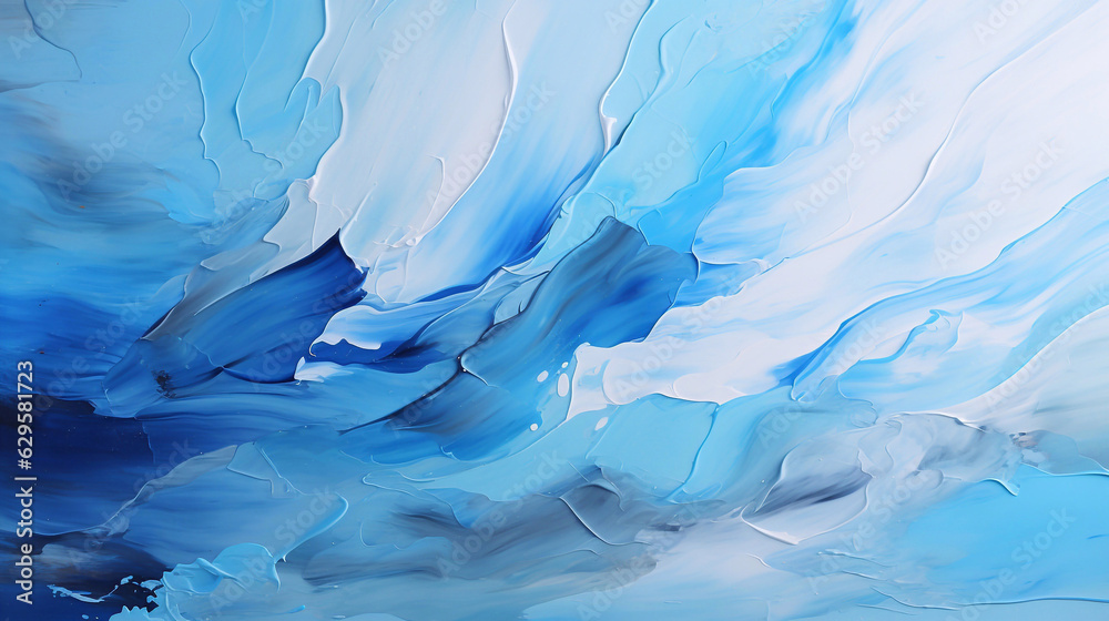 Abstract oil painting with large brush strokes in white and blue pastel colors. Wallpaper, background, texture.