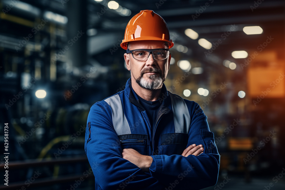 Professional engineer worker wearing uniform in a factory. Generative AI Professional engineer worker wearing uniform in a factory. Generative AI