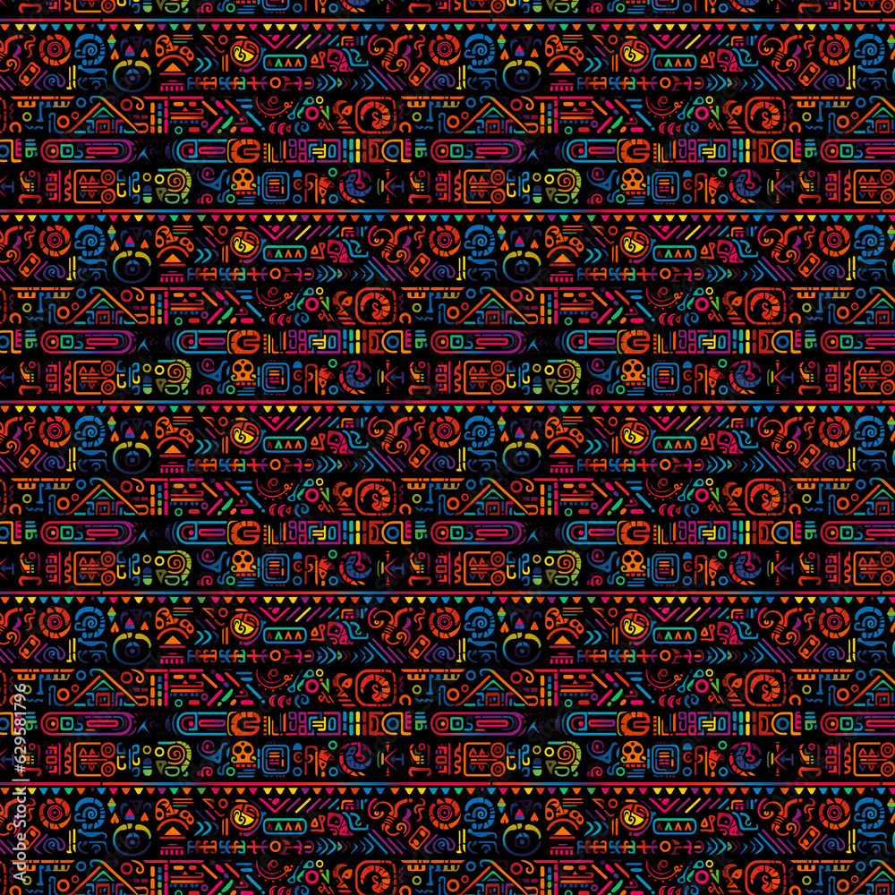 a geometric pattern on black background, in the style of mesoamerican influences, colorful grotesques, tom killion, authentic expressions, jarring figuratives, villagecore, mário eloy a geometric pattern on black background, in the style of mesoamerican influences, colorful grotesques, tom killion, authentic expressions, jarring figuratives, villagecore, mário eloy
