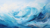 Abstract oil painting of the sea with large brush strokes in white and blue pastel colors. Wallpaper, background, texture.